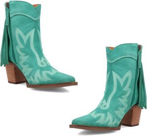 Женские вестерн-ботильоны с кисточками, замшевые ковбойские ботинки на толстом каблуке, с бахромой, молнией, заостренным закрытым носком, на низком каблуке, короткие ботинки в стиле ковбой, вышивка, ретро, винтаж, размеры 4-11 США Dystralix, Suede Teal