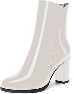 Женские офисные ботильоны NUMALEO с круглым носком, на молнии, лаковые, с высоким блочным каблуком 3,3 дюйма, White