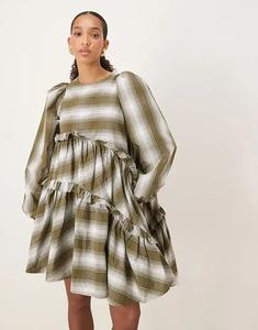 Асимметричное мини-платье Ghospell с оборками в зеленую полоску