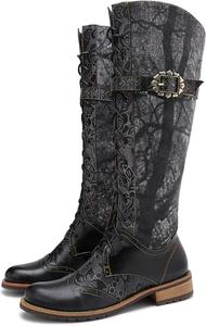 Ручная работа: женские ковбойские и рыцарские сапоги - на высоком каблуке и с плоской подошвой, из натуральной овчины, этнический и винтажный стиль для женщин и девушек Riutiru, Black B