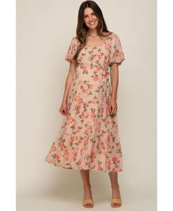 Розовое миди-платье для беременных с цветочным принтом, пуговицами и пышными рукавами Pinkblush, Pink