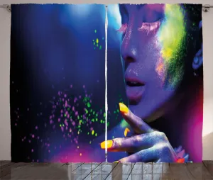 ABAKUHAUS Цветная деревенская штора, Женщина с закрытыми глазами, универсальная ленточная штора для гостиной с петлями и крючками, 280 x 225 см, темно-синий многоцветный Abakuhaus