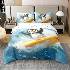 Erosebridal Комплект постельного белья Surfing Penguin из 100% хлопка с милыми животными и гавайским морским принтом, Blue White