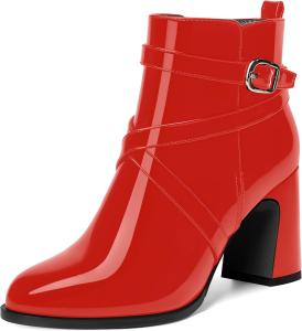 Женские ботильоны ROSERWISH из лакированной кожи для путешествий и активного отдыха с круглым носком, пряжкой, молнией, ремешком вокруг щиколотки и устойчивым каблуком 3,3 дюйма
