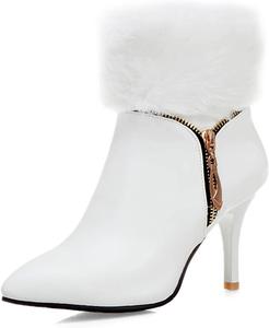 Женские зимние теплые меховые элегантные ботильоны с острым носком, на молнии, на высоком каблуке-кубике, короткие снегоступы JOEUSTY, White