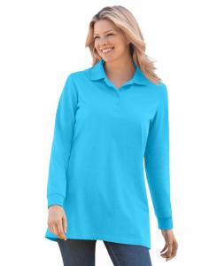 Женская рубашка-поло с длинными рукавами больших размеров Woman Within, Paradise blue