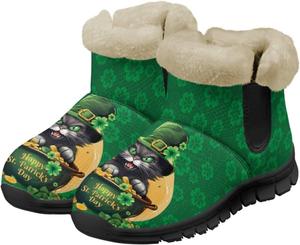 Зимние ботинки UNICEU для женщин с теплой искусственной меховой подкладкой, мягкие уютные пушистые ботильоны, рождественские снежные ботинки, Green Leaves Black Cat