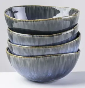 Чаша для хлопьев gipfelstück "Wilde Schlucht", 4 предмета, керамогранит, скандинавский стиль, блестящая реактивная глазурь, каждое изделие уникально Ø 17 см, синий