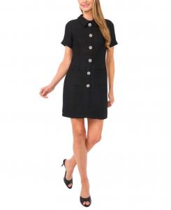 Женское короткое платье-футляр из букле с короткими рукавами и пуговицами со стразами CeCe, Rich Black