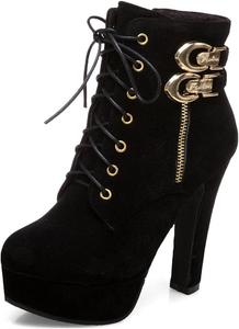 Женские ботильоны на платформе и высоком каблуке VOKLIN с модным металлическим эффектом, круглым носком, шнуровкой и молнией, элегантные короткие ботинки, Black-Velvet Lined