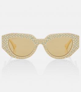 Украшенные солнцезащитные очки овальной формы Gucci, белый