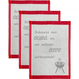 Полотенце кухонное ROSS "Включай гриль, нам надо сжигать жир", (набор, 3 шт.), говорящее полотенце, 100% хлопок, серый/красный