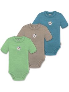 Normani Outdoor Sports Комплект из 3 унисекс комбинезонов-боди с короткими рукавами и пуговицами из мериносовой шерсти для младенцев, синего/бежевого/зеленого цвета