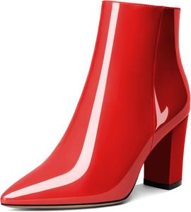 Женские ботильоны AUMOTED с высокой шнуровкой, массивным каблуком, заостренным носком, мехом, короткой моделью на молнии, классические ботинки на каблуке 3,4 дюйма, Patent Red