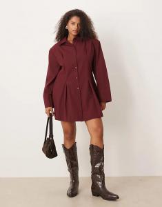 Платье-рубашка мини с присборенными плечами ASOS DESIGN Curve бордового цвета