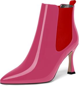 Женские лакированные ботильоны SKYSTERRY на высоком каблуке-столбике 3,3 дюйма, с острым носком для вечеринки, на молнии, Red Magenta