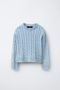 Джемпер вязаный с косами, устойчивый к кислотной стирке Zara, белый/небесно-голубой