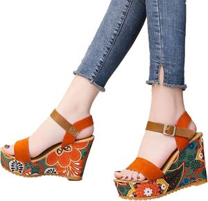 Женские сандалии на танкетке ZBYY, бохо с цветочным узором, летние пляжные сандалии для вечеринок, нарядные сандалии-эспадрильи с ремешком на щиколотке, оранжевый