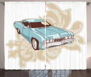 Шторы ABAKUHAUS Rustic Car, классический спортивный автомобиль в ретро-стиле, универсальные ленточные шторы для гостиной с петлями и крючками, 280 x 245 см, нежно-розово-голубой Abakuhaus