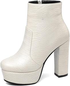 Женские ботинки COMFASH с боковой молнией, рифленой подошвой, платформой и широким каблуком, White
