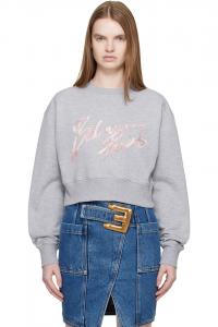 Balmain Серая укороченная хлопковая толстовка с принтом