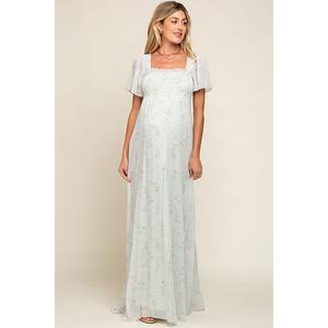 Длинное платье для беременных из шифона с цветочным принтом и сборками, зеленое. Pinkblush