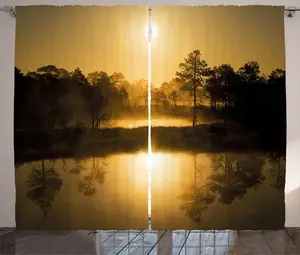 Шторы ABAKUHAUS Деревенский пейзаж, Идиллическое утро восхода солнца, универсальные ленточные шторы для гостиной с петлями и крючками, 280 x 245 см, сепия Abakuhaus