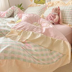 Disney Комплект постельного белья, 4 предмета, для кровати 90/120 см, 3 предмета + наперник, кружевной стиль, клетка, кремовый, мягкий облачный хлопок