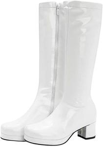 Женские высокие сапоги до колена с круглым носком, толстым каблуком, из искусственной кожи PU, длинные ботильоны, модный повседневный стиль, большие размеры Generic, White