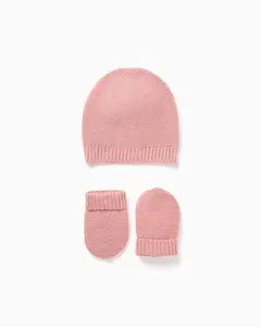 Комплект для девочки: вязаная шапочка и варежки с ребристыми краями Zippy, розовый
