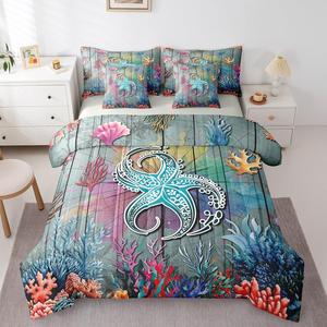 Erosebridal Комплект постельного белья Starfish в морском стиле с водяным принтом животных, натуральные синие и желтые оттенки, всесезонный, Yellow