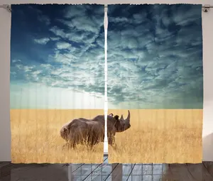 Штора ABAKUHAUS Safari Rustic, с изображением животных, драматического облачного неба, присборенная тесьма для спальни с петлями и крючками, 280 x 175 см, серо-голубой и горчичный цвета Abakuhaus