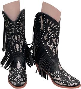 Женские ботильоны с острым носком, украшенные стразами, на массивном каблуке, вестерн-ковбойские с кисточками, женские ковбойские ботинки, слипоны, короткие ботинки 2025 Generic, Black