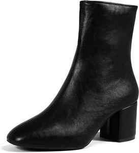 Женские кожаные ботильоны на массивном каблуке с боковой молнией, квадратным носком и каблуком-блоком, подходящие для свадеб, свиданий и вечеринок NEJKG, Black