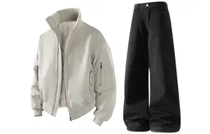 Повседневная спортивная одежда унисекс с воротником стойкой утепленная X1617, оранжевый puffer jacket+черный fleece-lined pants