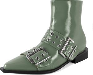 Женские ботильоны SAMMITOP с низким толстым каблуком, классические заостренные носки, боковая молния, ботильоны Челси с металлической пряжкой и люверсами, каблук 3 см, Patent Green