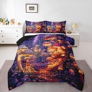 Erosebridal Комплект постельного белья Glitter Mushroom с фантазийным принтом грибов в фиолетовых тонах, Purple Yellow