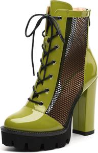Женские ботильоны на щиколотку, ботильоны на платформе с массивным каблуком, сексуальные сетчатые сандалии с задней молнией 4,5 MISEZOXI, Yellow Green Patent
