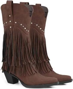 Ковбойские сапоги для рейва с бахромой для женщин и девушек - ретро модель с широкой средней голенью, заклепками, платформой и низким каблуком, милые ретро туфли на каждый день с поддержкой свода стопы для комфорта при длительном стоянии Zenrave, Brown