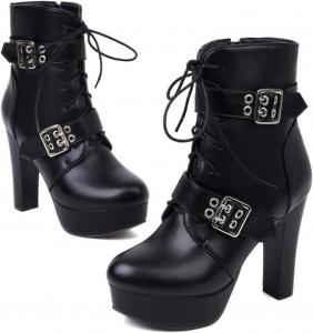 Женские ботильоны Alyaafifa на шнуровке с массивным каблуком, платформой и закрытым носком, из матовой кожи, с заклепками, высокие короткие ботинки, сексуальные винтажные туфли, Black - D