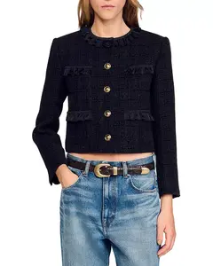 Твидовый жакет с оборками Sandro, черный