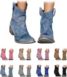 Женские западные ковбойские сапоги, низкие замшевые ботильоны на невысоком каблуке, с круглым носком и массивным каблуком, короткие сапожки для ковбойского стиля на осень и зиму Generic, Light Blue