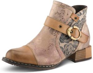 Женские кожаные ботильоны Spring Step L'Artiste с ручной росписью - смелый ремешок с пряжкой и боковой молнией - Стелька с мягким искусственным мехом, каблук-кирпич высотой 5 см, Beige Multi