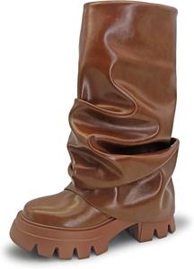 Женские ботильоны с платформой, закругленным носком и отворотом до середины икры, на массивном каблуке, с легким надеванием, модные, в форме акулы, для вечеринок Driceic, M-Brown