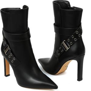 Женские ботильоны Uacllcau с заостренным носком, высокими блочными каблуками, средние по голени, с боковой молнией и ремешком с пряжкой - 4 дюйма, Black