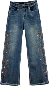 Женские джинсы прямые с флисовой подкладкой, зимние, свободные, с вышивкой и стразами
