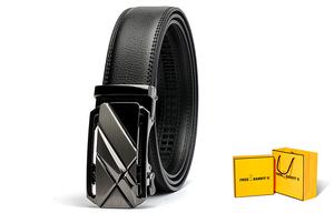 Крутой кожаный ремень с автоматической пряжкой, молодежный пояс для брюк мужской черный FREE RABBITⅡ, черный+подарочная упаковка лимитированная серия