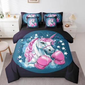 Erosebridal Комплект постельного белья King Size Unicorn с веселыми единорогами в боксерских перчатках, розовый с фантазийными животными и галактическими звездами, Dark Blue Pink