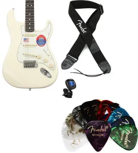 Fender Jeff Beck Stratocaster - Олимпийский белый с грифом из палисандра. Комплект с ремнем Fender 2" из полиэстера с логотипом - черный с белым логотипом... (4 предмета)