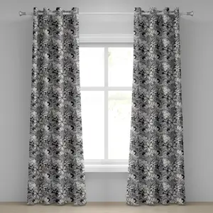 Шторы на люверсах ABAKUHAUS Garden Art с ботаническим узором и нарисованными вручную цветами, плюмерией, мимозой и лотосом, декоративные двухпанельные шторы, 280 см x 225 см, цвет: черный, белый, светло-серый
